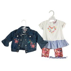 Little Lass Infant Girl 3pc Legging Set Sz 3-6M Denim Jacket Top Leggings Floral